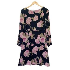 Vintage 1980s Kay Unger 100% Silk Dress Black & Pink Roses Button Back Size 8